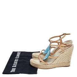 Pre Owned Louis Vuitton Beige/Blue Vachetta Leather Divine Trunks And Bags Espadrille Wedge Sandals Size 36