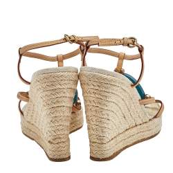 Pre Owned Louis Vuitton Beige/Blue Vachetta Leather Divine Trunks And Bags Espadrille Wedge Sandals Size 36