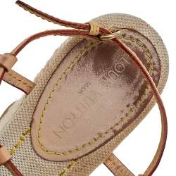 Pre Owned Louis Vuitton Beige/Blue Vachetta Leather Divine Trunks And Bags Espadrille Wedge Sandals Size 36