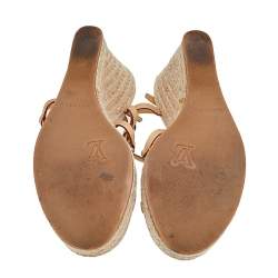 Pre Owned Louis Vuitton Beige/Blue Vachetta Leather Divine Trunks And Bags Espadrille Wedge Sandals Size 36