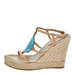 Pre Owned Louis Vuitton Beige/Blue Vachetta Leather Divine Trunks And Bags Espadrille Wedge Sandals Size 36