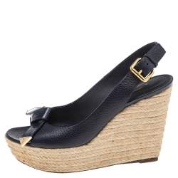 مملوكة مسبقًا Louis Vuitton Blue Leather Espadrille Wedge Slingback Sandals Size 38.5