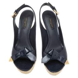 مملوكة مسبقًا Louis Vuitton Blue Leather Espadrille Wedge Slingback Sandals Size 38.5