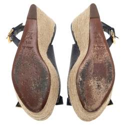 مملوكة مسبقًا Louis Vuitton Blue Leather Espadrille Wedge Slingback Sandals Size 38.5