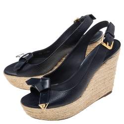 مملوكة مسبقًا Louis Vuitton Blue Leather Espadrille Wedge Slingback Sandals Size 38.5
