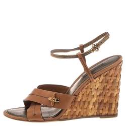 Pre Owned صندل لوي فيتون بوتون دورجلد بني فاتح كعب روكي إسبادريل نسج سلة مقاس 38.5