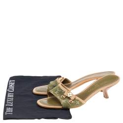 Pre Owned Louis Vuitton Green Monogram Denim Bow Detail Slide Sandals Size 38