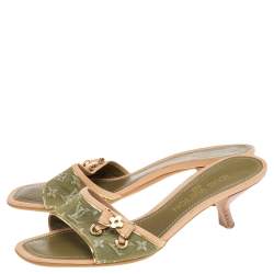 Pre Owned Louis Vuitton Green Monogram Denim Bow Detail Slide Sandals Size 38