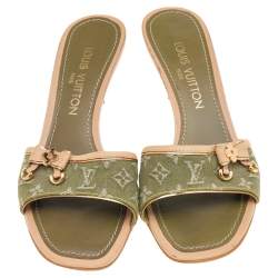 Pre Owned Louis Vuitton Green Monogram Denim Bow Detail Slide Sandals Size 38
