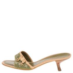 Pre Owned Louis Vuitton Green Monogram Denim Bow Detail Slide Sandals Size 38