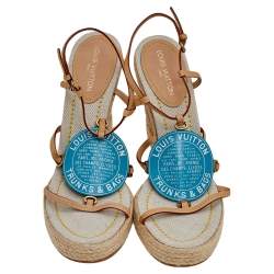 Pre Owned Louis Vuitton Beige/Blue Vachetta Leather Divine Trunks And Bags Espadrille Wedge Sandals Size 39