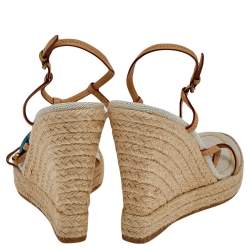 Pre Owned Louis Vuitton Beige/Blue Vachetta Leather Divine Trunks And Bags Espadrille Wedge Sandals Size 39