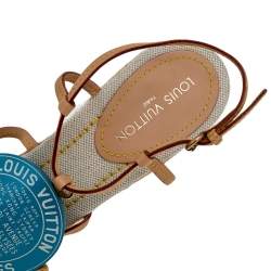 Pre Owned Louis Vuitton Beige/Blue Vachetta Leather Divine Trunks And Bags Espadrille Wedge Sandals Size 39