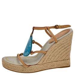 Pre Owned Louis Vuitton Beige/Blue Vachetta Leather Divine Trunks And Bags Espadrille Wedge Sandals Size 39