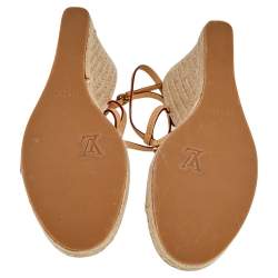 Pre Owned Louis Vuitton Beige/Blue Vachetta Leather Divine Trunks And Bags Espadrille Wedge Sandals Size 39