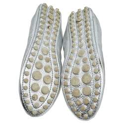 Pre Owned Louis Vuitton Silver Leather Bow Ballerina Flats Size 39.5