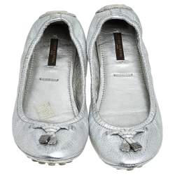 Pre Owned Louis Vuitton Silver Leather Bow Ballerina Flats Size 39.5