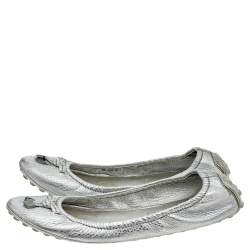 Pre Owned Louis Vuitton Silver Leather Bow Ballerina Flats Size 39.5