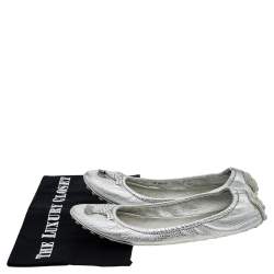 Pre Owned Louis Vuitton Silver Leather Bow Ballerina Flats Size 39.5