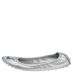 Pre Owned Louis Vuitton Silver Leather Bow Ballerina Flats Size 39.5