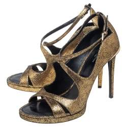 مملوكة مسبقًا Louis Vuitton Gold Texture Leather Buckle Platform Sandals Size 38.5