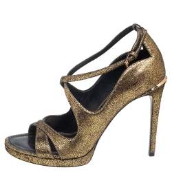 مملوكة مسبقًا Louis Vuitton Gold Texture Leather Buckle Platform Sandals Size 38.5