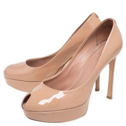 Louis Vuitton Beige Patent Leather Rendezvous Peep Toe Pumps size 38.5