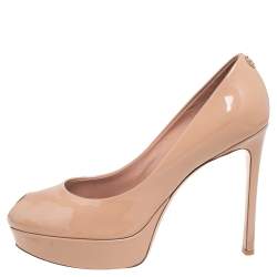 Louis Vuitton Beige Patent Leather Rendezvous Peep Toe Pumps size 38.5