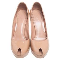 Louis Vuitton Beige Patent Leather Rendezvous Peep Toe Pumps size 38.5