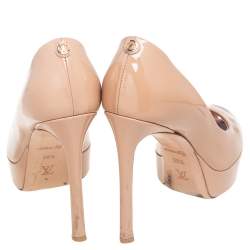 Louis Vuitton Beige Patent Leather Rendezvous Peep Toe Pumps size 38.5