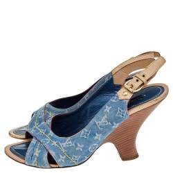 Louis Vuitton Blue Monogram Denim and Leather Slingback Sandals Size 38.5
