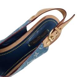 Louis Vuitton Blue Monogram Denim and Leather Slingback Sandals Size 38.5