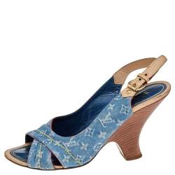 Louis Vuitton Blue Monogram Denim and Leather Slingback Sandals Size 38.5