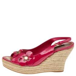Louis Vuitton Pink Patent Leather Embellished Wedge Platform Slingback Sandals Size 39.5