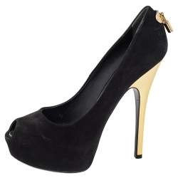 مملوكة مسبقًا حذاء كعب عالي لوي فيتون نعل سميك مقدمة مفتوحة أو ريللي سويدي أسود مقاس 38