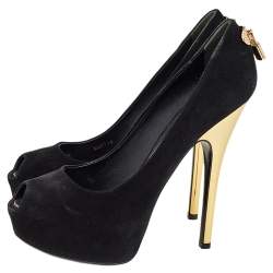 مملوكة مسبقًا حذاء كعب عالي لوي فيتون نعل سميك مقدمة مفتوحة أو ريللي سويدي أسود مقاس 38