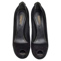 مملوكة مسبقًا حذاء كعب عالي لوي فيتون نعل سميك مقدمة مفتوحة أو ريللي سويدي أسود مقاس 38