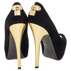 مملوكة مسبقًا حذاء كعب عالي لوي فيتون نعل سميك مقدمة مفتوحة أو ريللي سويدي أسود مقاس 38