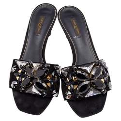 مملوكة مسبقًا Louis Vuitton Black Suede Crystal Embellished Slide Sandals Size 39