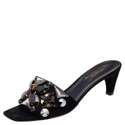 مملوكة مسبقًا Louis Vuitton Black Suede Crystal Embellished Slide Sandals Size 39