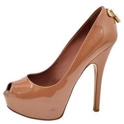 Louis Vuitton Dark Beige Patent Leather Oh Really! Peep Toe Platform Pumps Size 37.5
