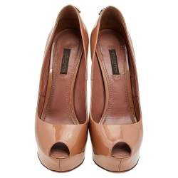 Louis Vuitton Dark Beige Patent Leather Oh Really! Peep Toe Platform Pumps Size 37.5