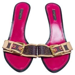 Pre Owned Louis Vuitton Brown/Pink Monogram Canvas and Leather Mule Sandals Size 41