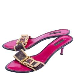 Pre Owned Louis Vuitton Brown/Pink Monogram Canvas and Leather Mule Sandals Size 41