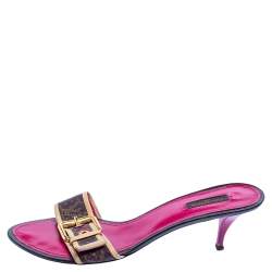 Pre Owned Louis Vuitton Brown/Pink Monogram Canvas and Leather Mule Sandals Size 41