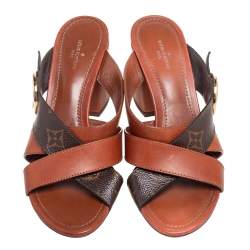 Pre Owned Louis Vuitton Brown Monogram Canvas and Leather Horizon Mule Sandals Size 37