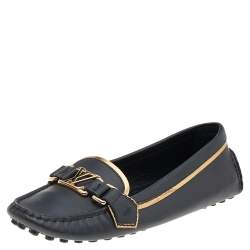 Pre Owned Louis Vuitton Black Leather Logo Loafers Size 36
