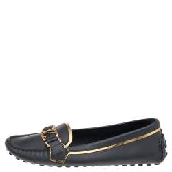 Pre Owned Louis Vuitton Black Leather Logo Loafers Size 36