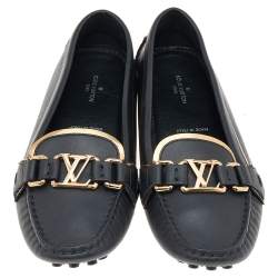 Pre Owned Louis Vuitton Black Leather Logo Loafers Size 36