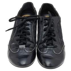 Louis Vuitton Black Leather and Monogram Canvas Low Top Sneakers Size 38